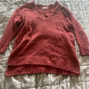 Knit oversized v neck crochet sweater with slit reddish brown copper